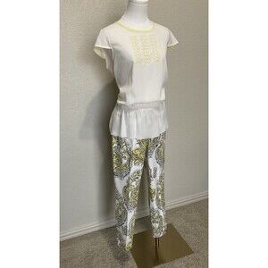 Ann Taylor Petites, Peplum Blouse, Cap Sleeves, Cream, Yellow Trim, Size: MP